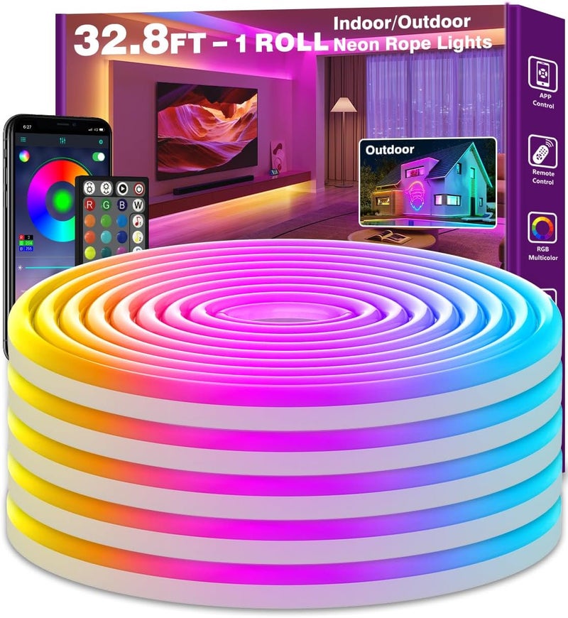 Sinley Led Neon Rope Lights,Control with App/Remote,Flexible Led Rope Lights,Multiple Modes,IP68 Outdoor RGB Neon Lights Waterproof,Music (32.8FT) - Image 1